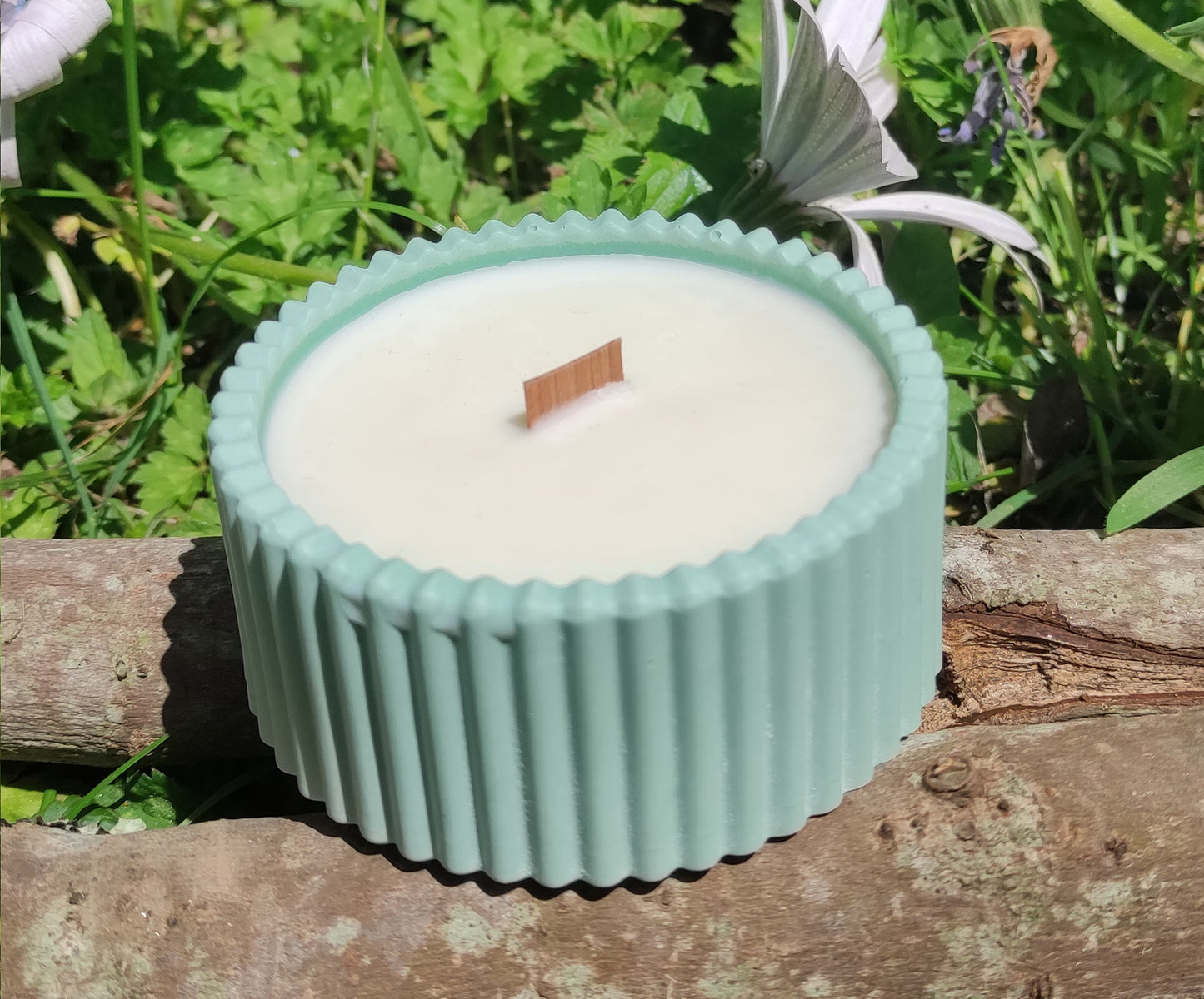 Bougie parfumée chèvrefeuille dans un support rond strié vert en jesmonite, mèche en bois