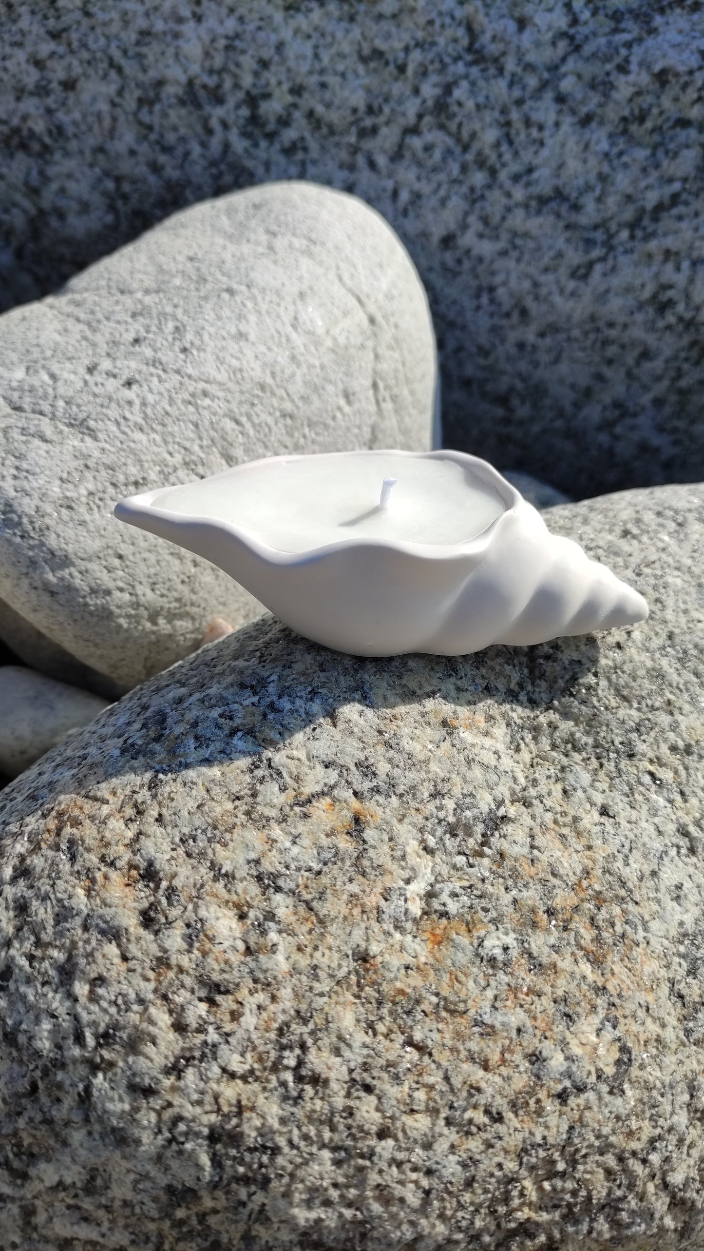 Bougie non parfumée dans un support blanc en jesmonite en forme de coquillage, mèche en coton