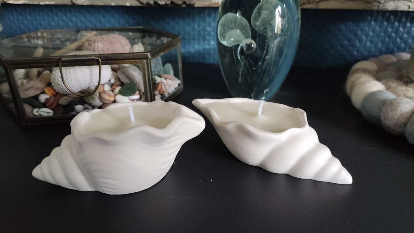 Bougie non parfumée dans un support blanc en jesmonite en forme de coquillage, mèche en coton