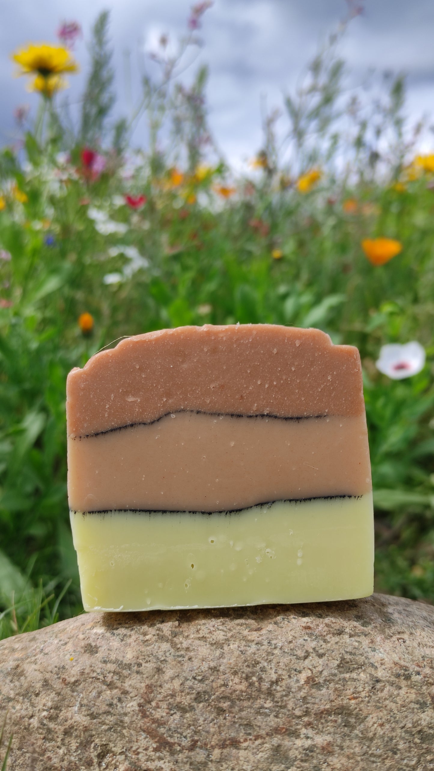 savon surgras saponifié à froid à l'huile de pépin de raisin. Il est composé de trois couches séparée par ne ligne de charbon. La première est couleur beige, la deuxième rose pâle et la dernière rose plus foncé. Le savon est posé sur une pierre devant un champ de fleurs.