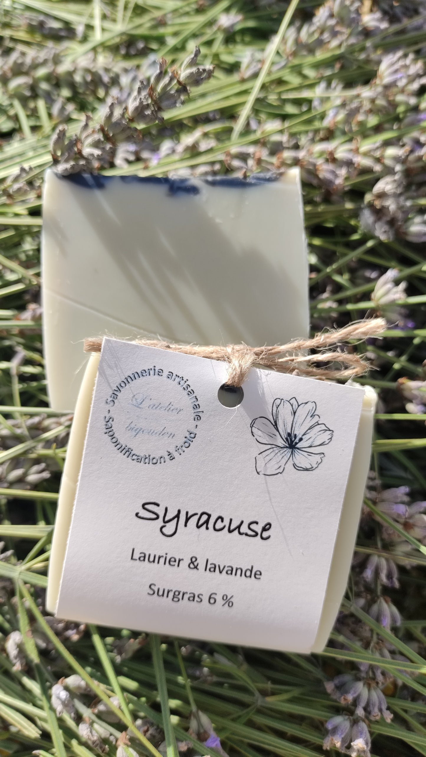 Savon saponifié à froid à l'huile de baies de laurier et à la lavande posé sur de la lavande fraichement coupée