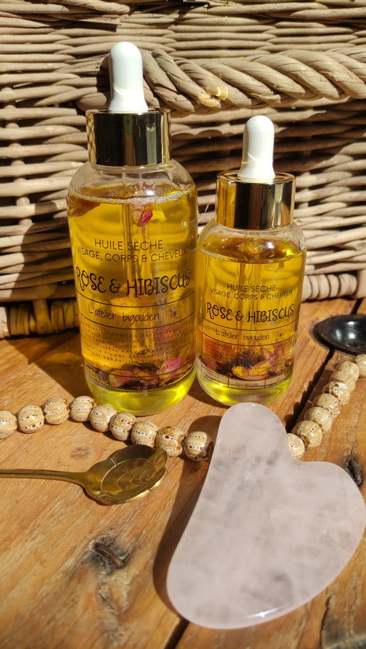 huile sèche cosmétique rose et hibiscus