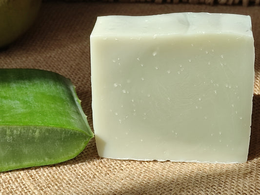 savon vert pâle à côté d'un tronçon d'une feuille fraiche d'aloe vera