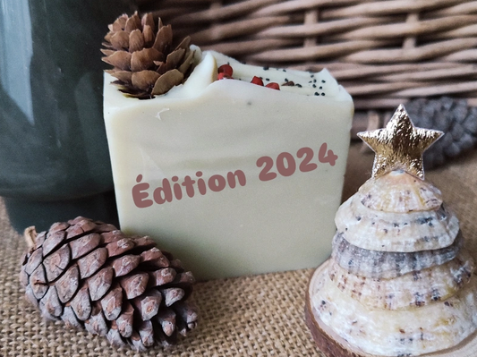 savon couleur vert pâle avec petite pomme de pin sur le dessus et baies roses et graines de pavot