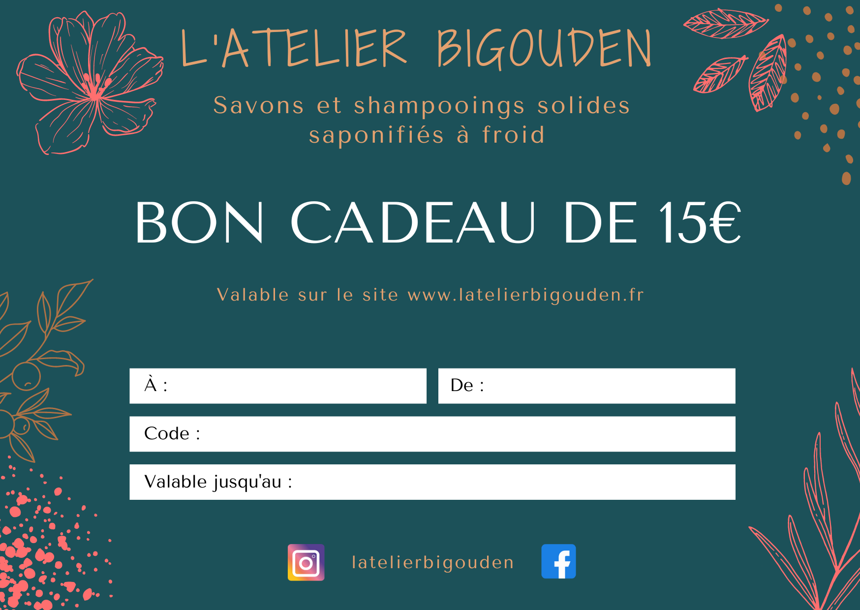 bon cadeau valable sur tout le site de l'atelier bigouden, validité 1 an